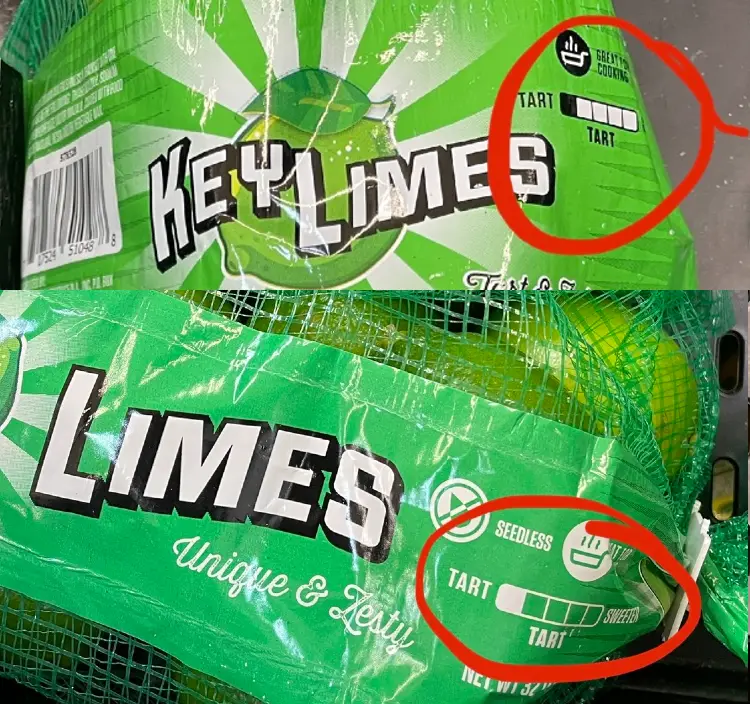 Bags of limes with a tartness chart indicating that key limes and regular limes have the same level of tartness.