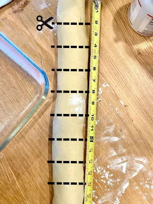 A rolled cinnamon roll log showing cutlines every two inches. 